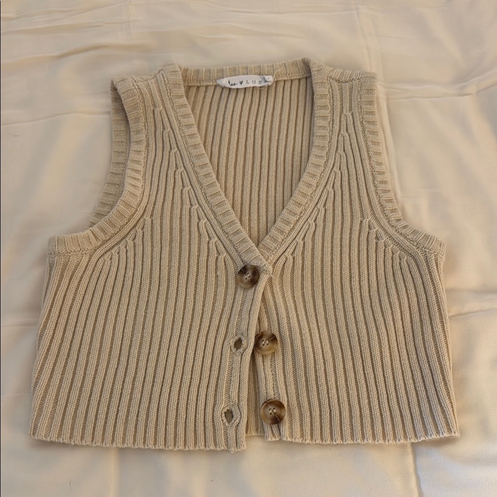 Tan Ribbed Knit Button-Up Vest